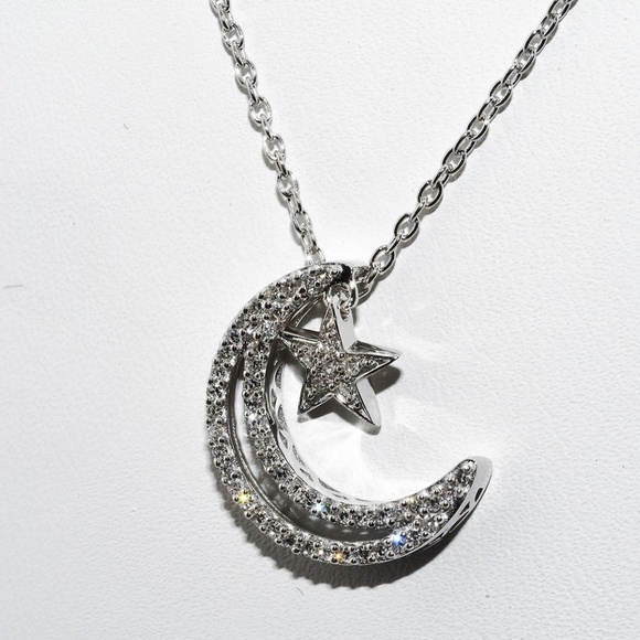 $600 .925 Sterling Silver .28CT Natural Diamond Cluster Moon & Star Necklace - Picture 2 of 7